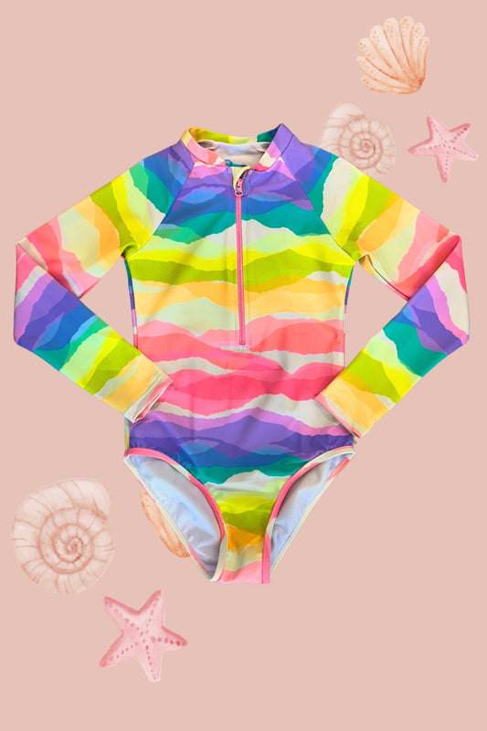H3118 Kids Long Sleeve Aqua Rainbow Zipped Rash Guard
