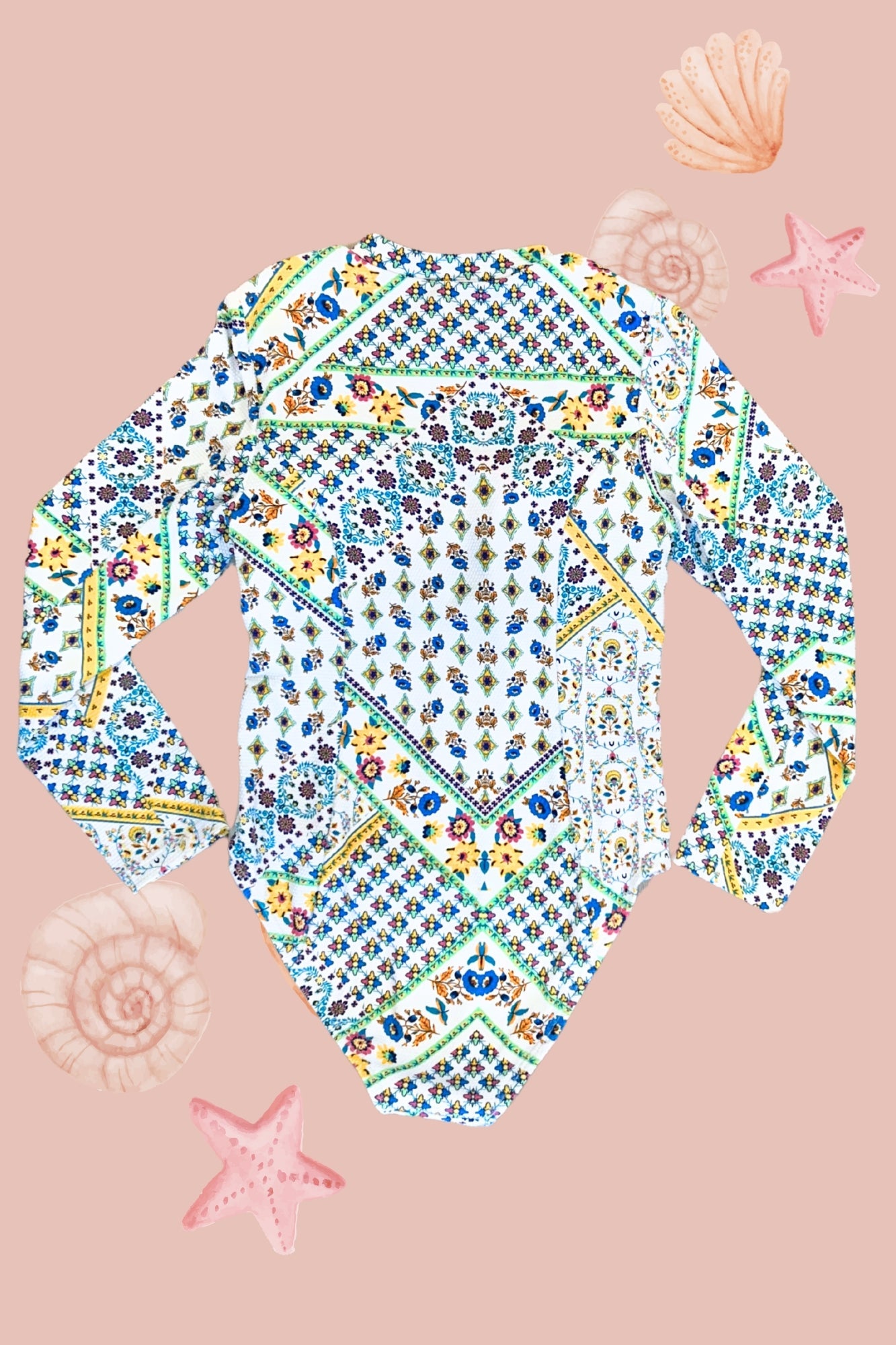 H3111 Kids Long Sleeve Boho Tile Surfsuit Zip Rash Guard
