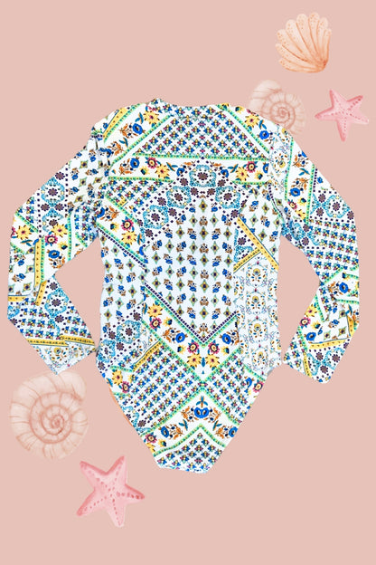 H3111 Kids Long Sleeve Boho Tile Surfsuit Zip Rash Guard
