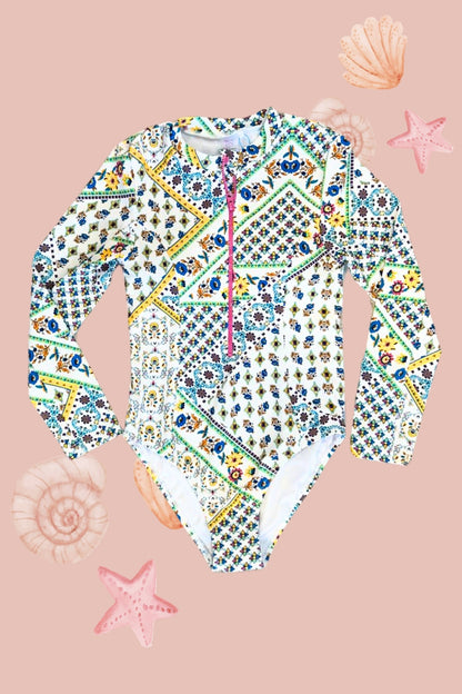 H3111 Kids Long Sleeve Boho Tile Surfsuit Zip Rash Guard
