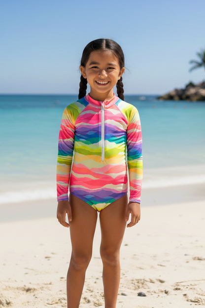 H3118 Kids Long Sleeve Aqua Rainbow Zipped Rash Guard