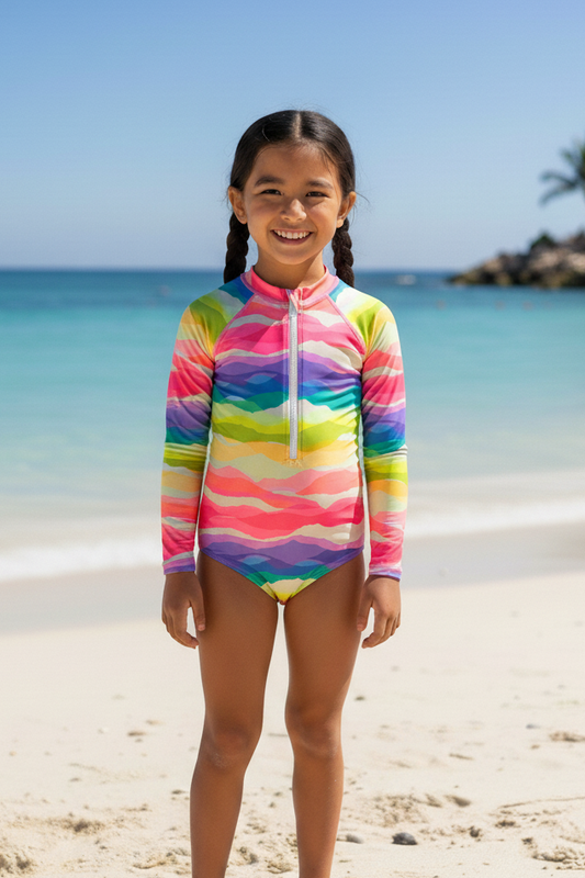 H3118 Kids Long Sleeve Aqua Rainbow Zipped Rash Guard
